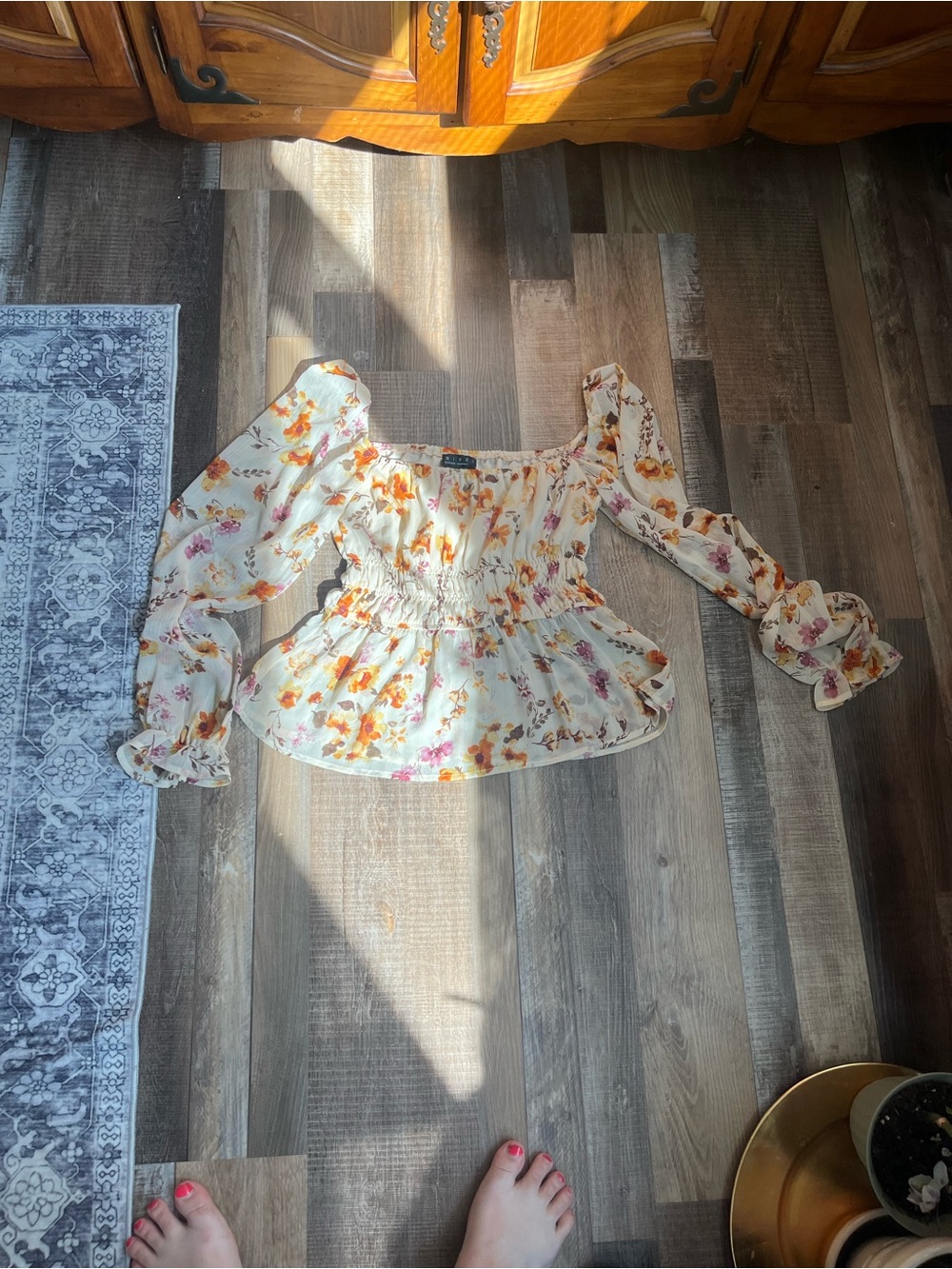 Trixxi Cream Floral Off-Shoulder Smocked Blouse with Yellow & Pink Flowers